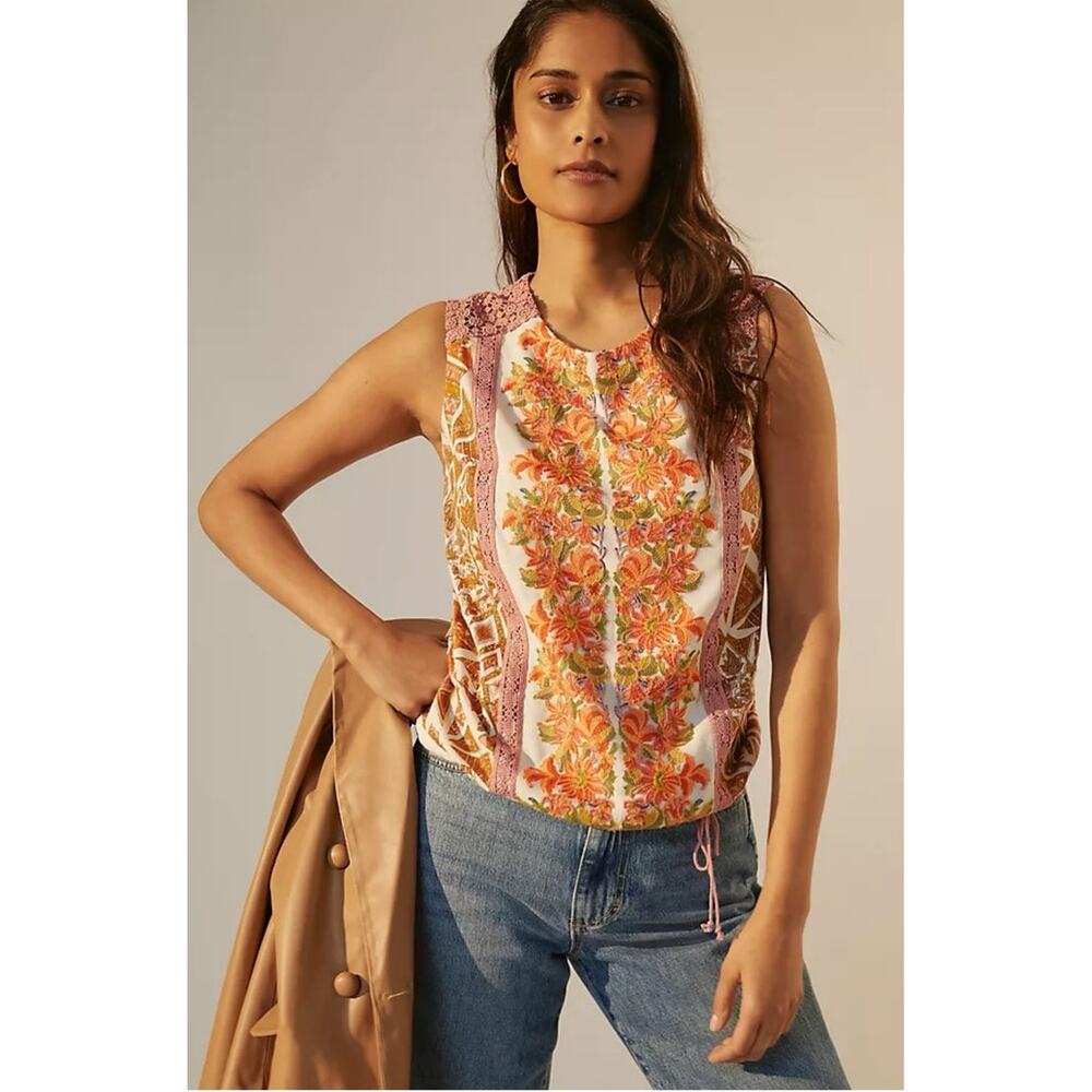 Anthropologie Tiny Embroidered Floral Shell Top Petite M Boho Cottagecore Cotton